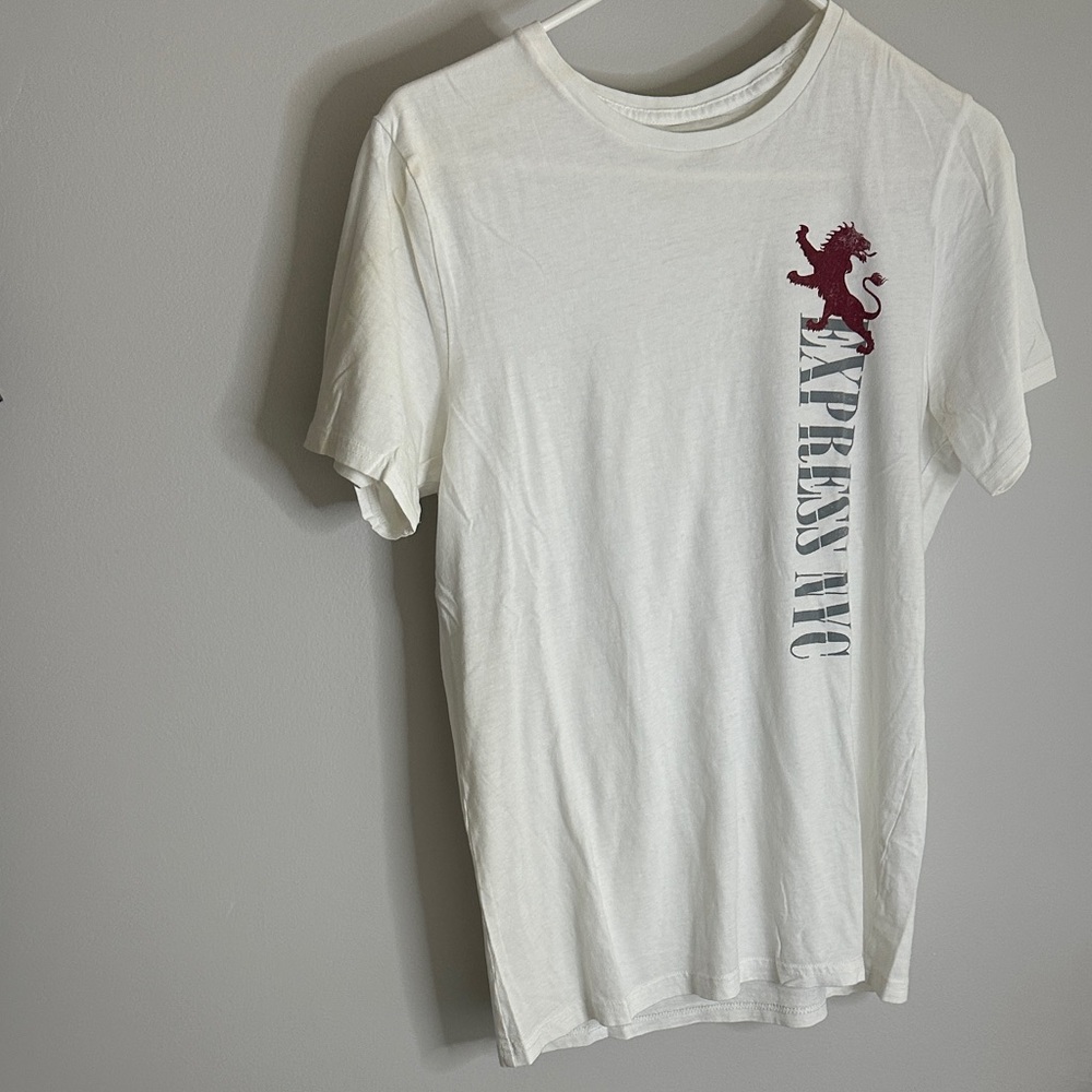 Express White Tee with Red Lion Graphic